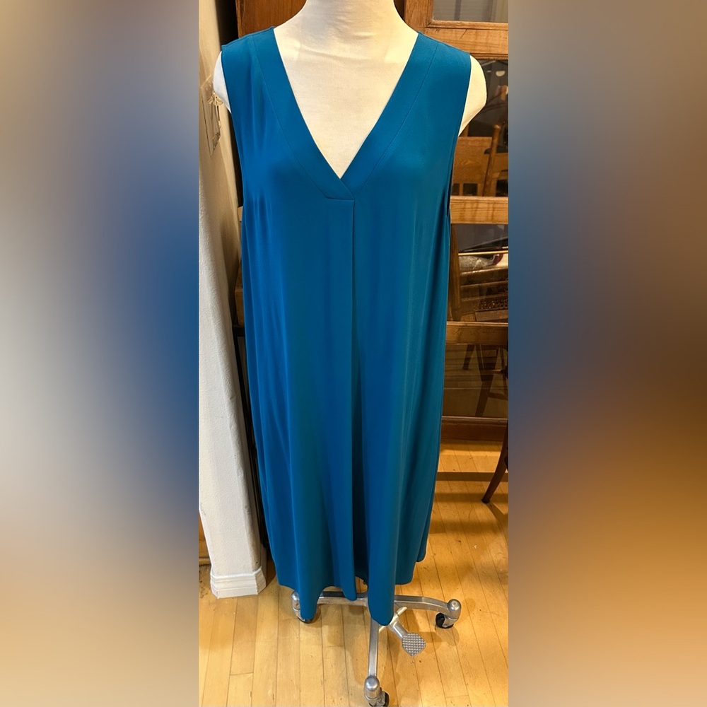 EILEEN FISHER Silk Georgette Crepe V-Neck Dress in Jewel. Size XL NWT